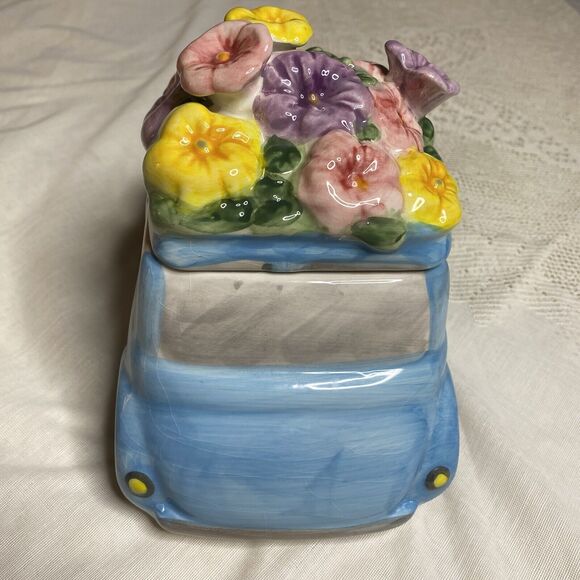 Vtg Maxcera Cookie Jar Volkswagen Beetle VW Bug Car Blue Ceramic Spring Flowers - Picture 4 of 10
